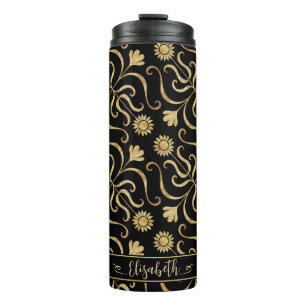 Gold Floral Damask Sunflower Classy Black Folk Art Thermosbeker