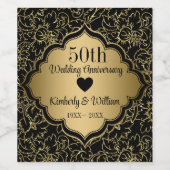 Gold Floral Damask Wedding Jubileum Wijn Etiket (Enkel label)