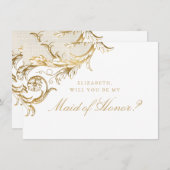  Gold Floral Damask White Maid of Honor Kaart (Voorkant / Achterkant)