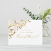  Gold Floral Damask White Maid of Honor Kaart (Staand voorkant)