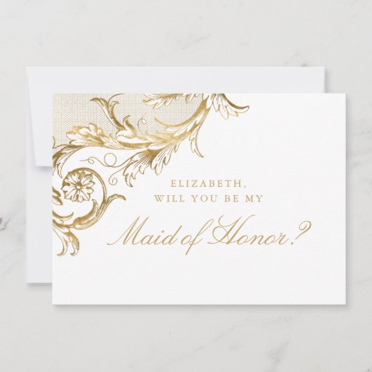  Gold Floral Damask White Maid of Honor Kaart (Voorkant)