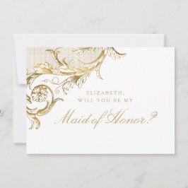  Gold Floral Damask White Maid of Honor Kaart