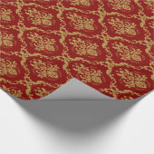 Gold Floral Dammaskeren Pattern Red Achtergrond Cadeaupapier (Hoek)