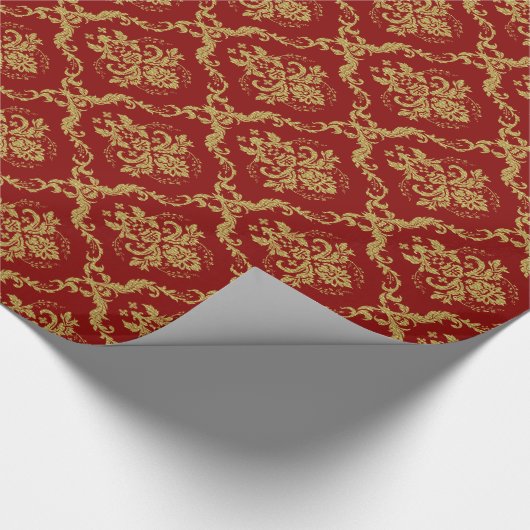 Gold Floral Dammaskeren Pattern Red Achtergrond Cadeaupapier (Hoek)