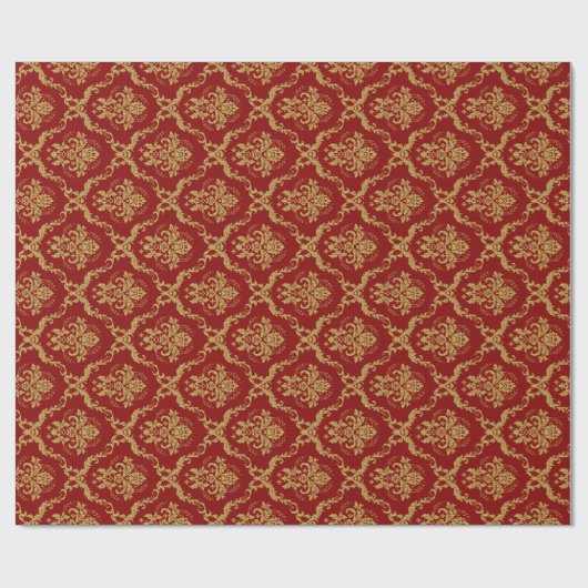 Gold Floral Dammaskeren Pattern Red Achtergrond Cadeaupapier (Vlak)