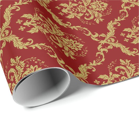 Gold Floral Dammaskeren Pattern Red Achtergrond Cadeaupapier (Rol Hoek)