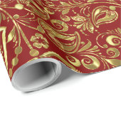 Gold Floral Dammaskeren Pattern Red Achtergrond Cadeaupapier (Rol Hoek)