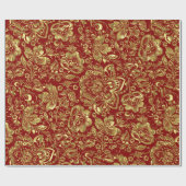 Gold Floral Dammaskeren Pattern Red Achtergrond Cadeaupapier (Vlak)