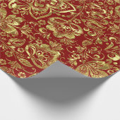 Gold Floral Dammaskeren Pattern Red Achtergrond Cadeaupapier (Hoek)