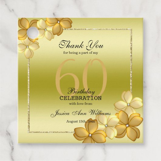 Gold Floral Decoration & Glitter 60th Birthday Bedankjes Labels (Voorkant)