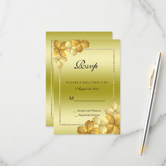 Gold Floral Decoration & Glitter 60th Birthday RS RSVP Kaartje (Voorkant / Achterkant in situ)