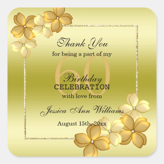 Gold Floral Decoration & Glitter 60th Birthday Vierkante Sticker (Voorkant)