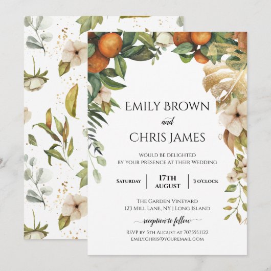 Gold Floral | Elegant Eucalyptus Greenery Wedding Kaart (Voorkant / Achterkant)