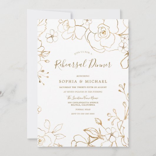 Gold Floral Elegant White Modern Rehearsal Dinner Kaart (Voorkant)