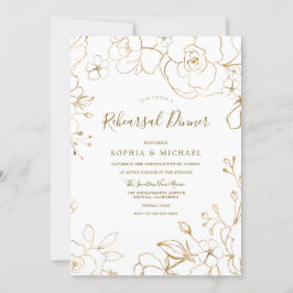 Gold Floral Elegant White Modern Rehearsal Dinner Kaart