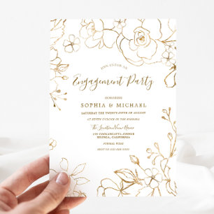 Gold Floral Elegant White Moderne Engagement Party Kaart