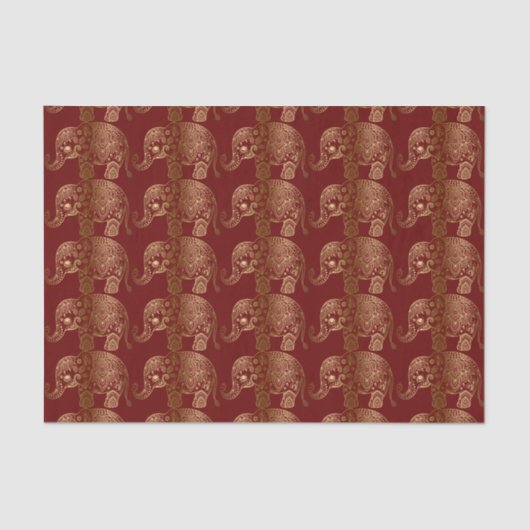 Gold Floral Elephant Pattern op Dark Red Tissuepapier (Voorkant)