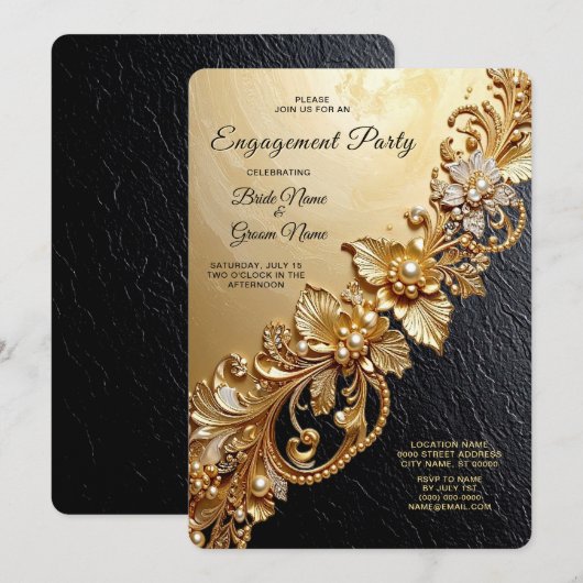Gold Floral Embellishments Engagement Invitation Kaart (Voorkant / Achterkant)