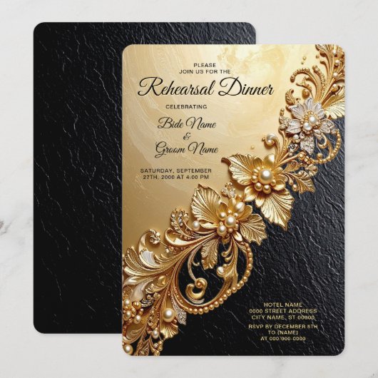 Gold Floral Embellishments Rehearsal Dinner Kaart (Voorkant / Achterkant)