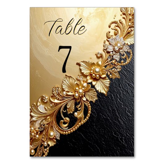 Gold Floral Embellishments Table Number Kaart (Voorkant)