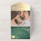 Gold Floral Emerald Wedding All In One Uitnodiging (Buitenkant)