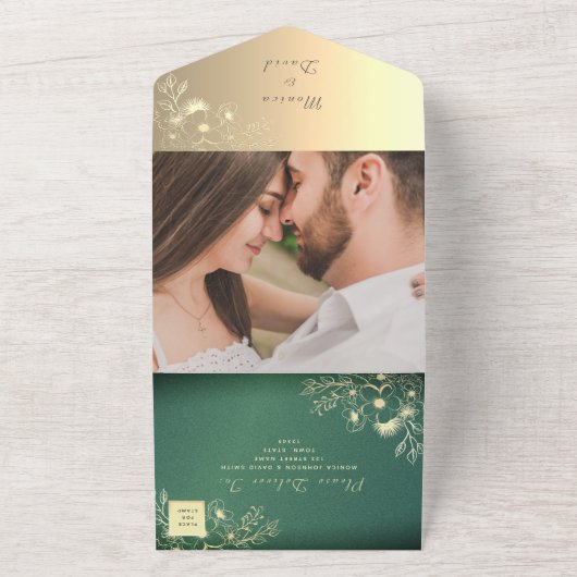 Gold Floral Emerald Wedding All In One Uitnodiging (Buitenkant)