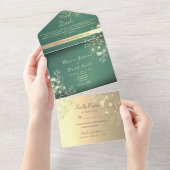 Gold Floral Emerald Wedding All In One Uitnodiging (Afscheurbaar)