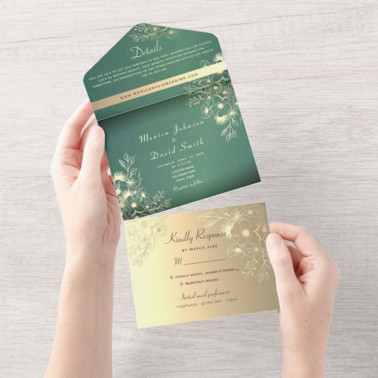 Gold Floral Emerald Wedding All In One Uitnodiging (Afscheurbaar)