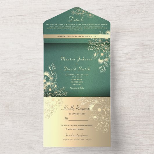 Gold Floral Emerald Wedding All In One Uitnodiging (Binnen)