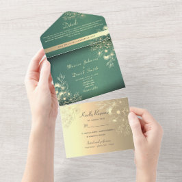 Gold Floral Emerald Wedding All In One Uitnodiging