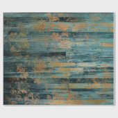 Gold Floral en Blue Rustic Wood Cadeaupapier (Vlak)