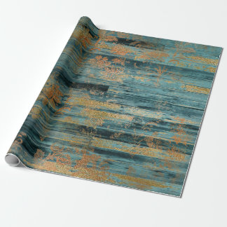 Gold Floral en Blue Rustic Wood Cadeaupapier