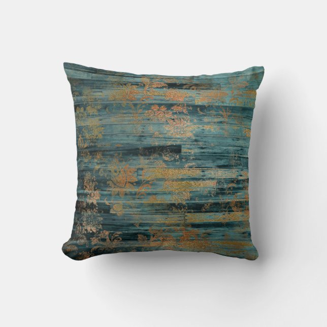 Gold Floral en Blue Rustic Wood - ontkoppeling Kussen (Voorkant)