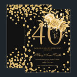 Gold Floral en Confetti 40th Birthday Party Black Kaart<br><div class="desc">Elegant 40th Birthday Party Gold Floral & Glitter Confetti call sjabloon. Met een moderne bloemstructuur.</div>