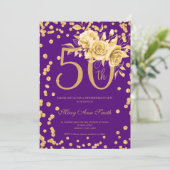 Gold Floral en Confetti 50e verjaardag Paars Kaart (Staand voorkant)