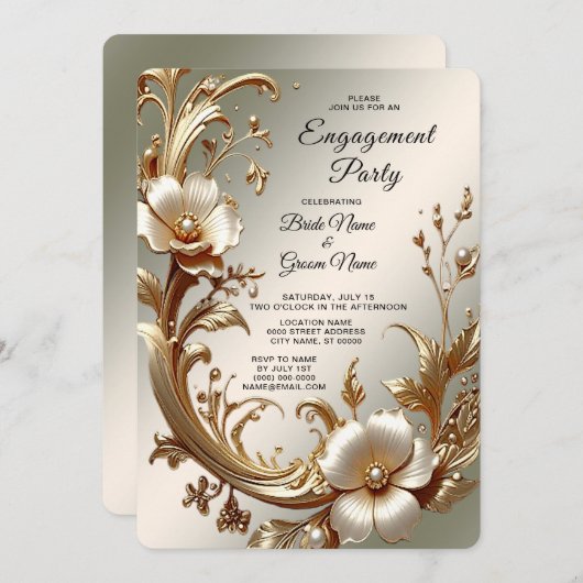 Gold Floral Engagement Invitation Kaart (Voorkant / Achterkant)