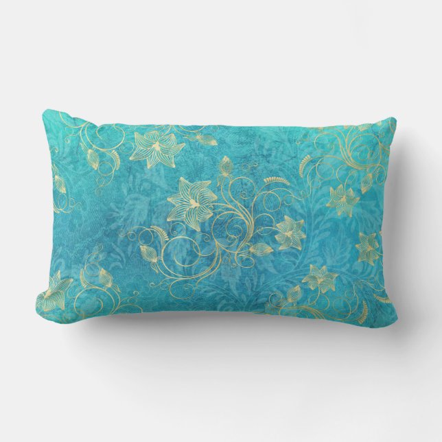 Gold Floral Filigree op Turquoise Kussen (Voorkant)