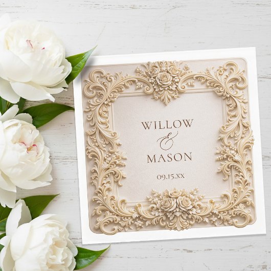 Gold Floral Frame Paper Wedding Napkins Servet