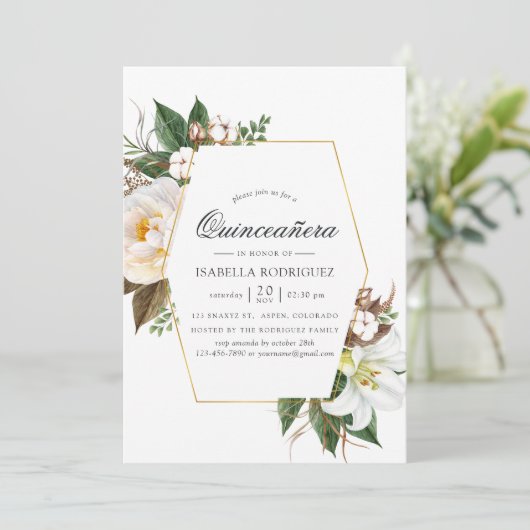 Gold Floral Geometric Quinceañera Kaart (Staand voorkant)