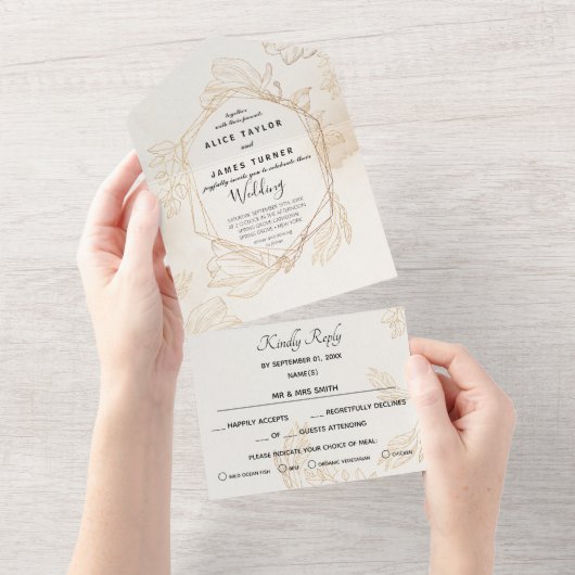 Gold Floral Geometric Wedding All In One Uitnodiging (Afscheurbaar)