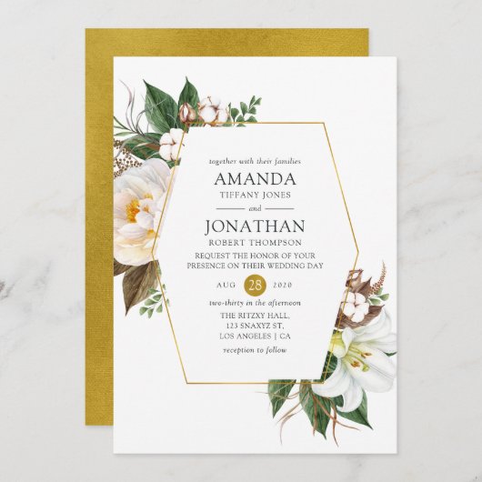Gold Floral Geometric Wedding Kaart (Voorkant / Achterkant)