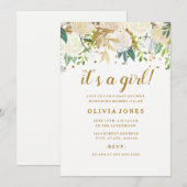 Gold Floral Glitter Girl Baby shower Uitnodiging (Voorkant / Achterkant)