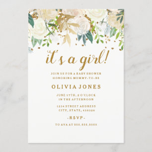 Gold Floral Glitter Girl Baby shower Uitnodiging