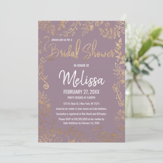 Gold Floral Glitter Mauve Lila Vrijgezellenfeest Kaart (Staand voorkant)