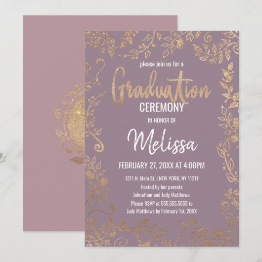 Gold Floral Glitter Ombre Mauve Lila Afstuderen Kaart (Voorkant / Achterkant)