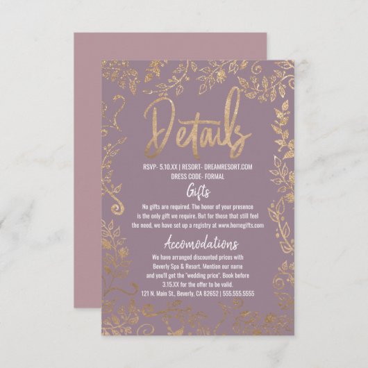 Gold Floral Glitter Ombre Mauve - Lila gegevens Informatiekaartje (Voorkant / Achterkant)