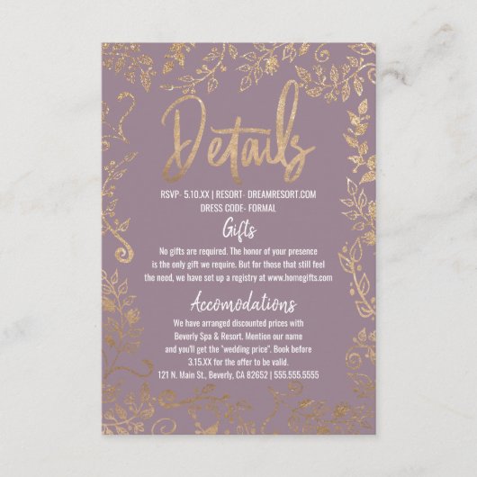Gold Floral Glitter Ombre Mauve - Lila gegevens Informatiekaartje (Voorkant)