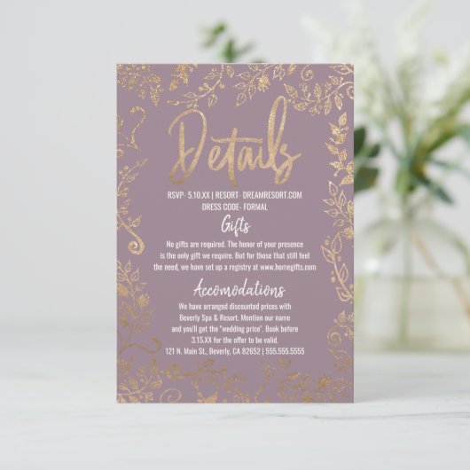 Gold Floral Glitter Ombre Mauve - Lila gegevens Informatiekaartje (Staand voorkant)
