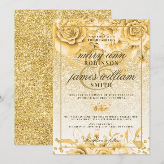 Gold Floral Glitter Sparkle Elegant Glam Wedding Kaart (Voorkant / Achterkant)