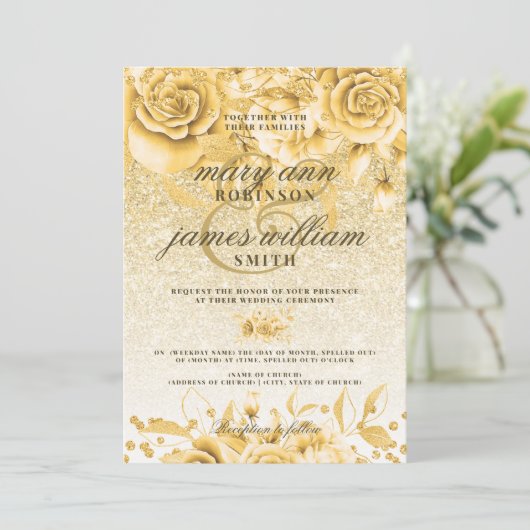Gold Floral Glitter Sparkle Elegant Wedding Kaart (Staand voorkant)
